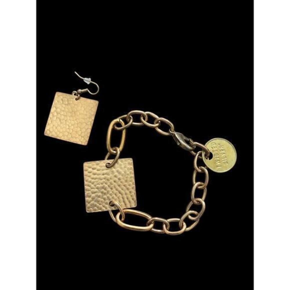 Twisted Silver Brass Classic Oval Link Bracelet With Hand Hammered Panel Link
